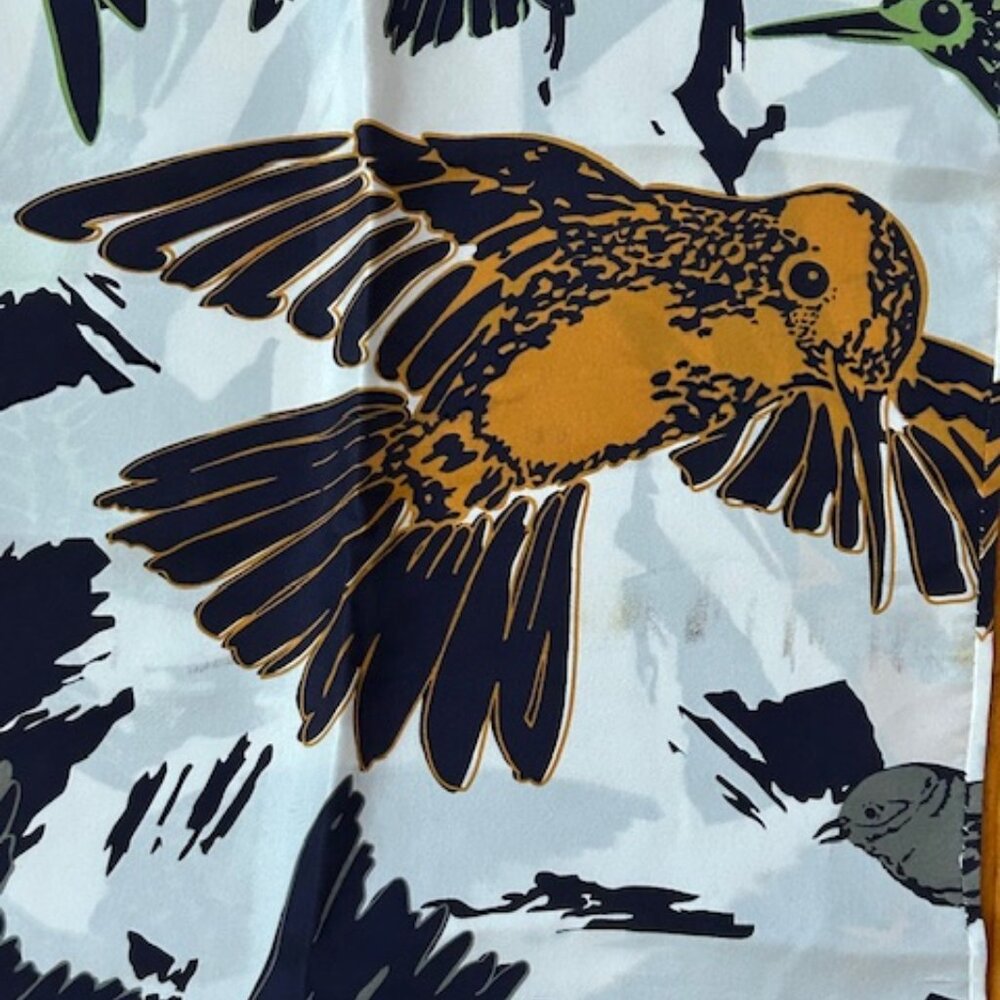 Vintage Silk Satin One of a Kind Scarf with Bird Imagery
